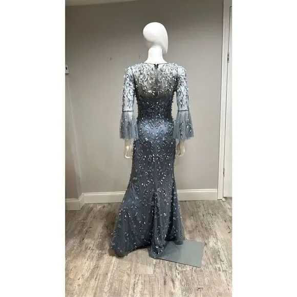 Theia Flounce Sleeve 3-D Embroidered and Beaded  Dusty Blue Gown Size 2 - Picture 12 of 14